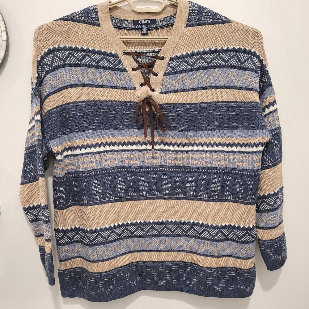 Chaps Lace Up Striped Woman’s Sweater Western Aztec Blue Tan Large
